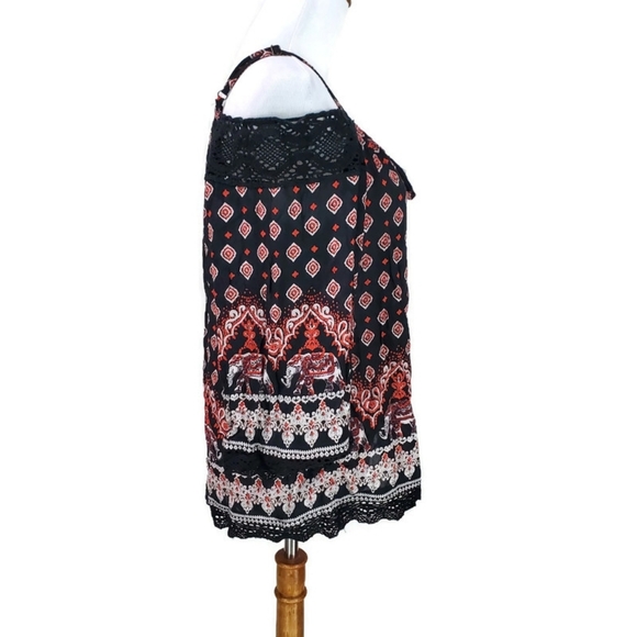 NWT [Angie] Boho Elephant Lace Tassel Cold Shoulder Top Black  S Festival Hippie - Picture 2 of 14